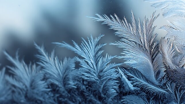 Beautiful frozen ice patterns on a window pane in winter.