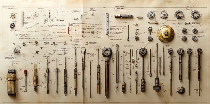Tools and Mechanical Parts Displayed on Technical Blueprint Wall
