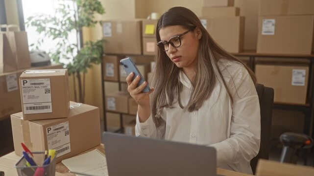 Woman holding smartphone and typing on laptop among stacked shipping boxes and packing labels in a building; focused entrepreneurship.