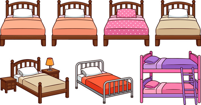 Bed Vector Illustrations Depicting Wooden, Metal, and Bunk Beds with Colorful Blankets, Lamps, and Furniture Highlighting Home, Interior, and Childhood Concepts