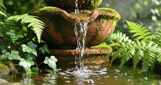 Serene garden fountain surrounded by lush greenery and ferns, creating a tranquil atmosphere