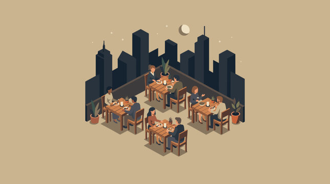 Isometric Rooftop Restaurant with City Skyline at Night - Elegant Outdoor Dining Experience
