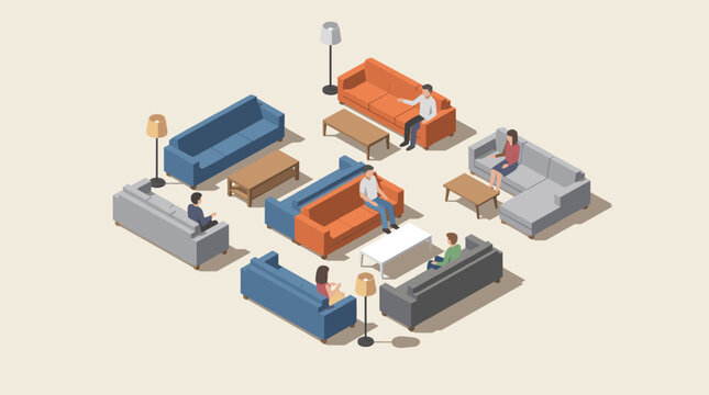 Isometric Group Setting Illustration: People Relaxing on Sofas and Couches with Tables and Lamps