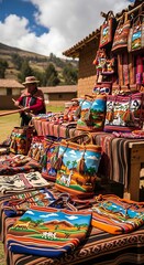 Naklejka premium Colorful Andean Textile Bags Displayed at Outdoor Mountain Market