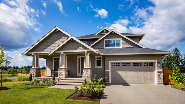 Suburban home with manicured lawn and blue sky real estate curb appeal suburban residential
