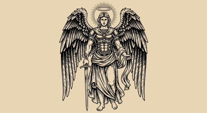 Archangel Michael with Sword and Wings. Vector Illustration