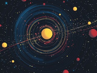 Obraz premium Abstract Space Scene with Yellow Central Planet Surrounded by Orbiting Red and Yellow Spheres in Cosmic Pattern