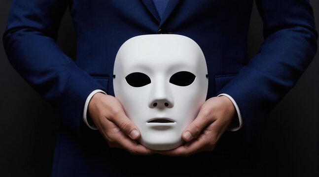 Man in blue suit holds white mask obscuring face. Symbolizes duality identity deception hidden truth and the contrast between outside appearance and inner reality.