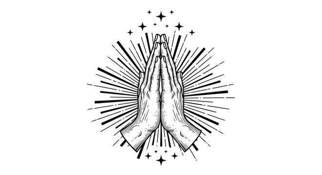 Praying Hands with Radiant Light and Stars. Vector Illustration