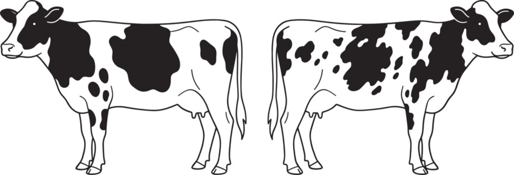 Black and White Holstein Cow Vector Illustrations Depicting Farm Animals, Dairy Cattle, and Agricultural Livestock for Rural and Pastoral Design Concepts