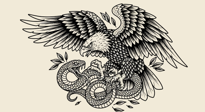 Majestic Eagle and Snake Engraving. Vector Illustration