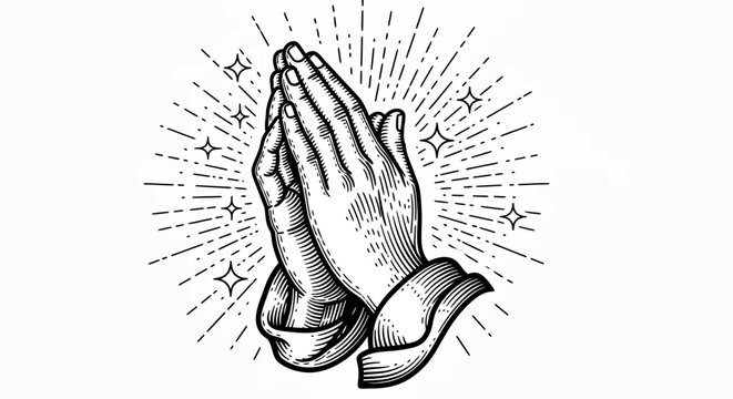 Praying Hands Engraving with Radiant Light and Stars.