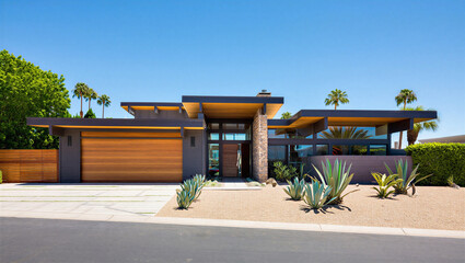 Mid century modern home with wood garage door and desert landscaping real estate modern architectu © Sabbir Digital