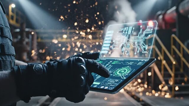 POV close up cinematic footage of gloved hands interacting with tablet at night Subtle reflections on screen and glowing dust in light beams Background softly blurred industrial environment ultra deta