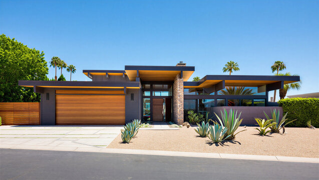 Mid century modern home with wood garage door and desert landscaping real estate modern architectu