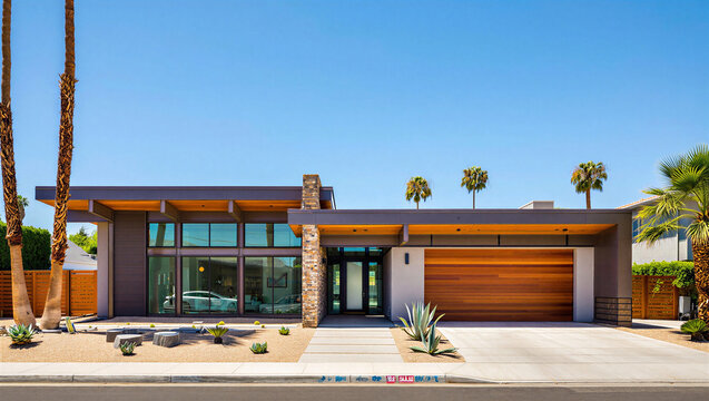 Modern mid century luxury house with stone accents and desert landscaping in palm springs style