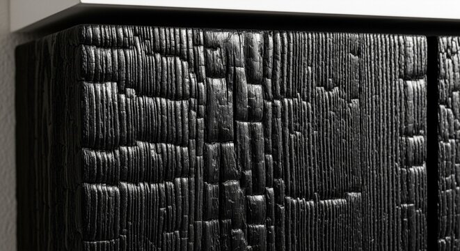 Abstract pattern of charred black wood texture with deep grooves and a rough surface