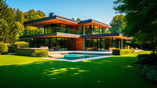 Modern multi level luxury home with wood accents and swimming pool architecture contemporary