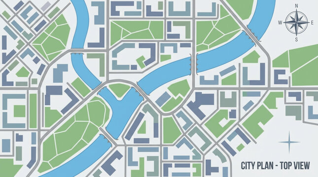 City Plan Top View Aerial Perspective With River and Streets.
