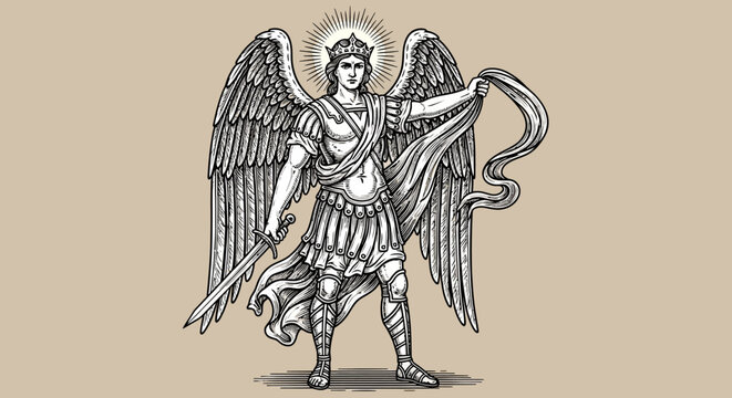 Archangel Michael with sword and wings, a powerful religious figure. vector illustration