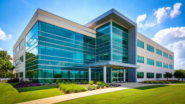 Contemporary glass front office building with entrance and manicured green landscaping, building
