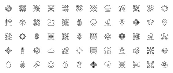 Nature icon set. Minimal vector illustration. Includes symbols for flower, leaves, autumn, cloud, tree, sun, honeycomb, ladybug, hail, seashell, rain, acorn, and more. Editable stroke. © wang
