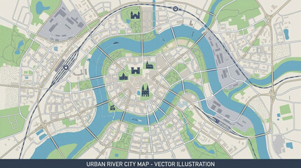 Obraz premium Detailed Urban City Map Vector Illustration of a River and Streets.