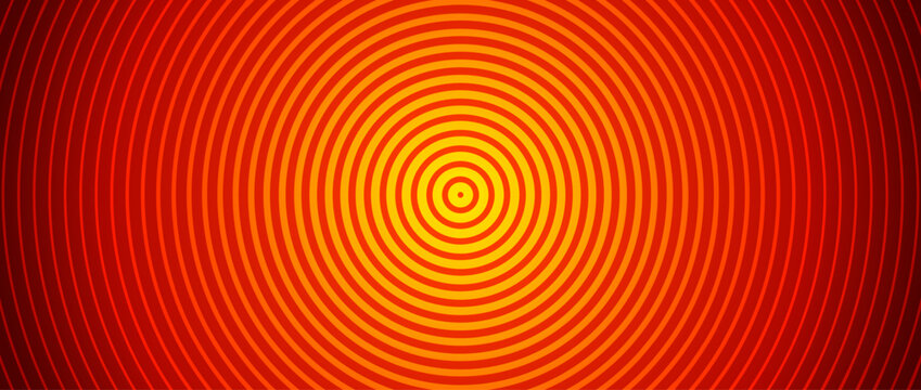 Bright red concentric circle background. Expanding waves with epicenter. Radial sound signal or vibration backdrop. Target symbol, radar or sonar icon concept. Vector hot red ripple gradient wallpaper