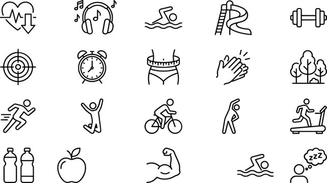 Comprehensive Fitness and Healthy Lifestyle Icon Set Featuring Workout Routines, Weight Loss Progress, Gym Training Equipment, Cardiovascular Health, Nutrition, and Active Wellness Recreation