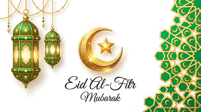 Eid al-fitr mubarak with green geometric pattern and lanterns crescent moon eid al adha lanterns
