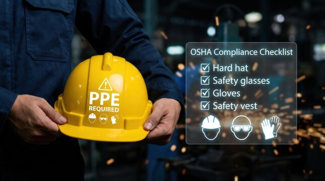 Man in blue uniform holding yellow hard hat with ppe required and osha compliance checklist