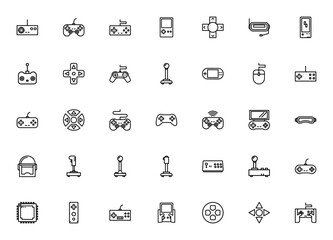 Video game icon set. Game controller vector pack. Minimal line icons featuring console, joystick, VR glasses, mobile game, mouse, chip, Game Boy and more. Editable stroke. © wang
