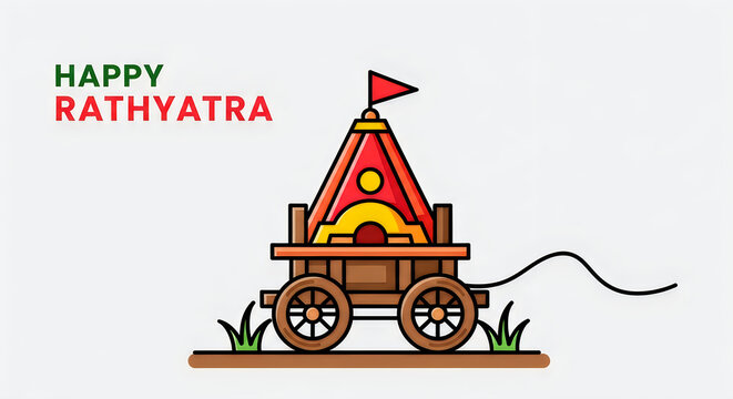 Happy rathyatra festival illustration with a traditional wooden chariot cart with colorful decorations and a flag