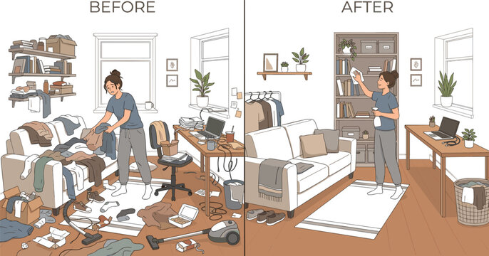 Before and after home organization vector illustration with messy room cleaning and tidy minimalist interior transformation