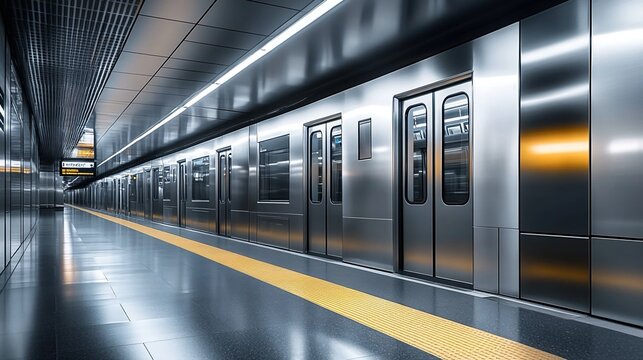 Empty subway train doors with sleek silver exteriors and dim lighting, creating an urban, nostalgic vibe for public transport or travel concepts.