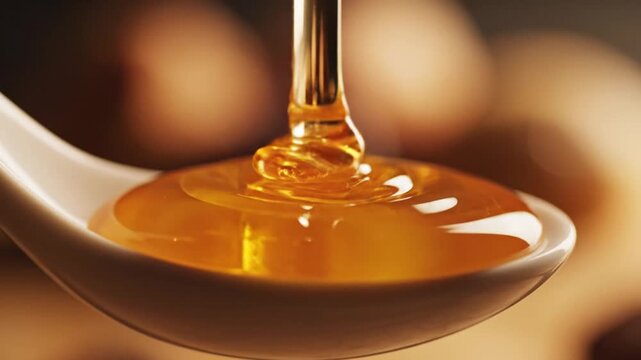 Close-up capturing golden, viscous natural honey gracefully drizzling and pooling onto a smooth white ceramic spoon, highlighting its rich texture and inherent sweetness