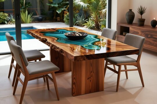 Modern dining table with live edge wood, turquoise epoxy river. Four grey upholstered chairs surround custom wooden table in bright room with pool view. Elegant home interior with unique furniture