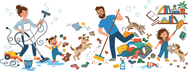 Fototapeta premium Busy parents cleaning messy house vector illustration with children pets clutter and chaotic family home routine