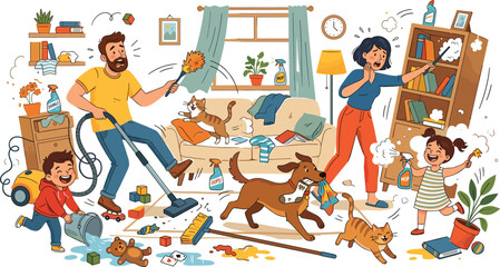 Plakat Chaotic family cleaning scene vector illustration with kids pets mess and busy household lifestyle at home