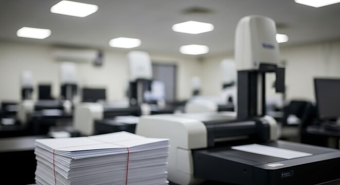 A stack of papers sits in front of a document scanner in a modern office setting with multiple scanning stations.
