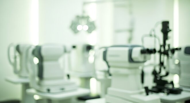 A row of advanced ophthalmology equipment in a modern eye clinic, showcasing diagnostic tools for vision care.