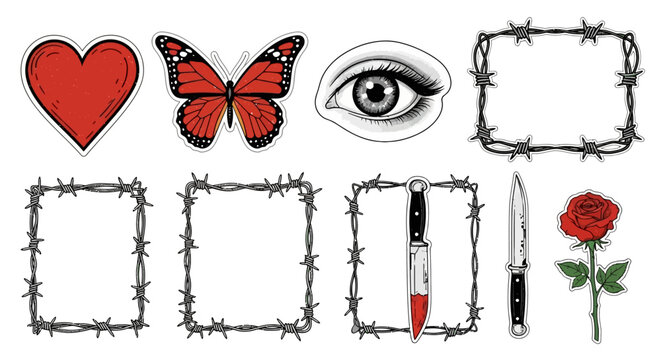 A set of edgy Y2K aesthetic graphic element featuring retro photocopy texture gothic frame and sharp barbed wire metal shape including heart and butterfly silhouette for urban street design.