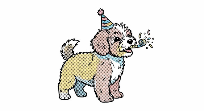 Adorable Maltipoo Puppy Wearing Festive Party Hat and Blowing Horn, Pop Art Halftone Style Element for Creative Digital Collage, Cute Celebration Dog Design on Transparent Background