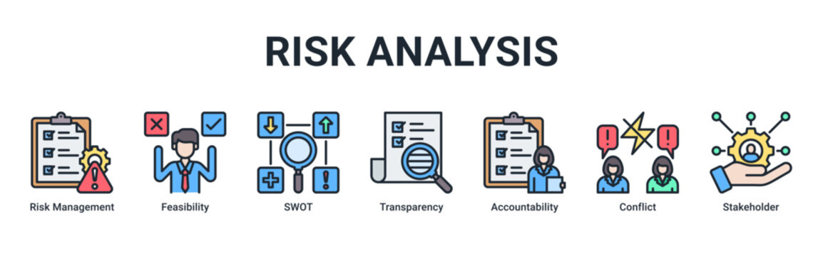 Risk Analysis web banner icon vector illustration with icons of Risk Management, Feasibility, SWOT, Transparency, Accountability, Conflict and Stakeholder