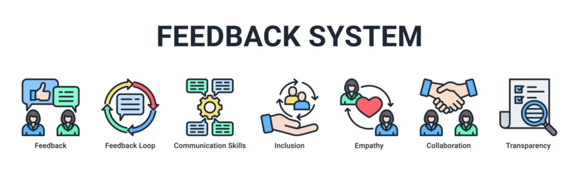Feedback System web banner icon vector illustration with icons of Feedback, Feedback Loop, Communication Skills, Inclusion, Empathy, Collaboration and Transparency