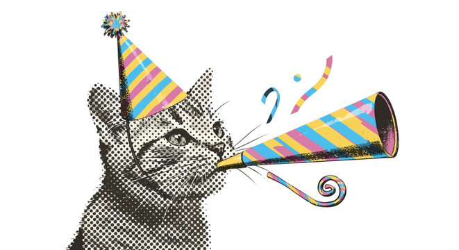 Trendy halftone pop art collage element of a cute domestic cat wearing a festive party hat and blowing a colorful noisemaker horn celebrating a happy birthday event with retro style graphics
