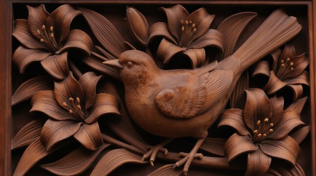 Intricate wood carving features a small bird nestled among detailed lily flowers and leaves. The detailed artwork shows natural elements sculpted from dark brown wood with delicate petal textures.