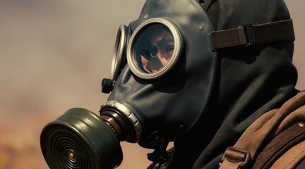 Fototapeta premium Person wears gas mask outdoors. Protective mask covers face, filters air. Person looks serious wearing protective gear. Dry background hints at danger.