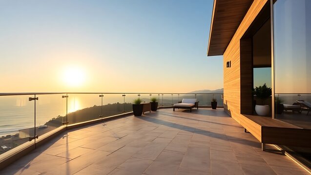 High-end terrace with golden hour rays hitting sleek stone and wood textures