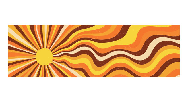 Vibrant Groovy Retro Sunburst Background with Vintage Grainy Texture and Hand Drawn Aesthetic Artistic Hippie Banner Featuring Radiating Solar Rays for Nostalgic Design Projects